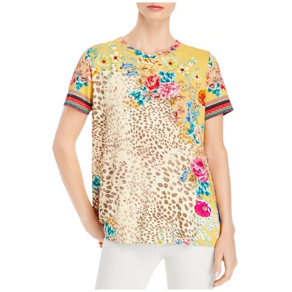 JOHNNY WAS "Wildflower" Bamboo Short Sleeve Luxe T-Shirt Leopard Floral Mix XL